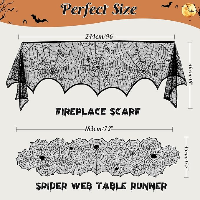 3 Pack Halloween Decorations Sets, Black Lace Spider Webs Table Runner & Halloween Cobweb Fireplace Scarf with 120 pcs 3D Bat for Halloween Indoor Decors Party Supplies-Ruum Studio Home