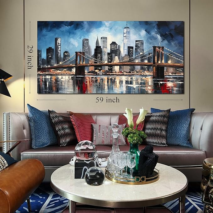 Brooklyn Bridge Wall Art for Bedroom,Modern City Large Canvas Wall Art Living Room,Blue Home Office Decor 29 x 59 Inch-Ruum Studio Home