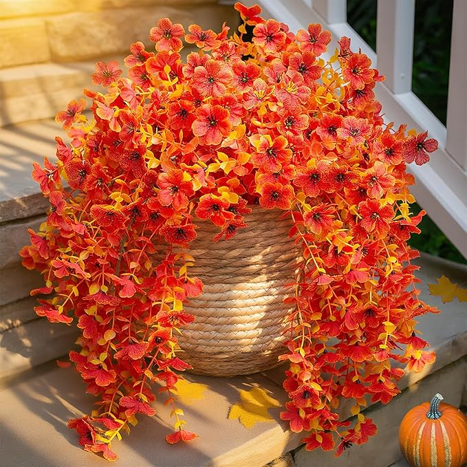 INSPRING Fall Artificial Flowers for Outdoors Fake Silk Flower, 2Pcs Red Orange Daisy Autumn Decor, Realistic Hanging Decoration Plants, UV & Fading Resistant for Porch Patio Balcony Planter-Ruum Studio Home