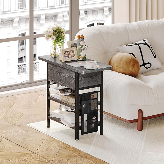 End Table with Charging Station, Flip Top Nightstand with USB Ports and Outlets,Couch Side Table with Fabric Bag and Hooks, Bedside Table for Space Saving, Living Room, Bedroom (Grey)-Ruum Studio Home