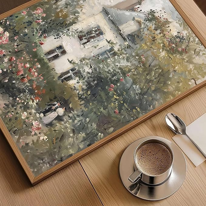 Floating Framed Canvas Vintage Wall Art, Neutral English Cottage Rose Garden Oil Paintings Print, Spring Pictures Wall Decor for Living Room Hallway Bedroom Office Rustic Decor 12x16 inch-Ruum Studio Home