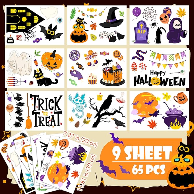 Halloween Window Clings - Halloween Decorations Static Window Stickers for Glass, Removable Large Double-Sided Window Decals for Indoor Home Decor, Bat Fall Cute Party Gift, 65 PCS/9 Sheet-Ruum Studio Home