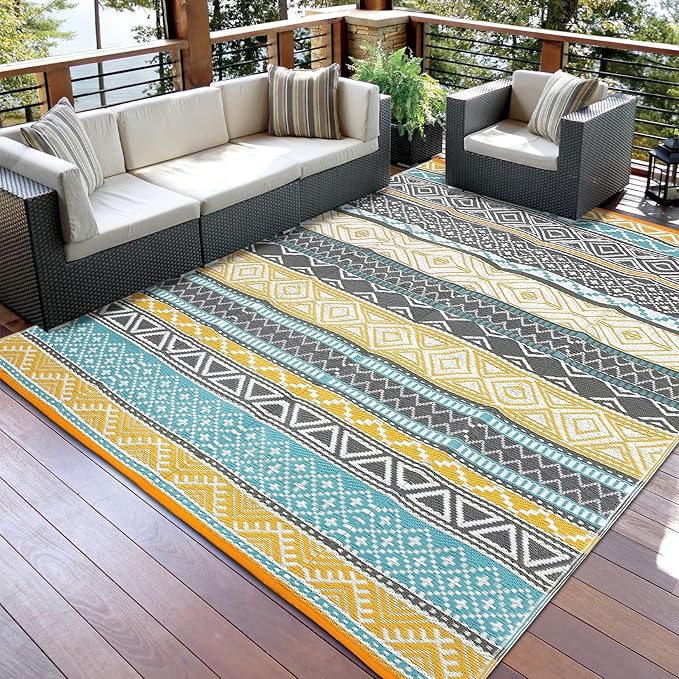 GAOMON Outdoor Plastic Straw Rug, 10'x20' Reversible Sage Green Patio Mat, Flower Modern Design for RV, Backyard, Deck, Camping, Picnic, Teal/Yellow(Bohemia)-Ruum Studio Home