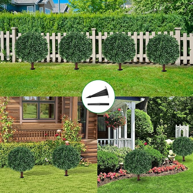 Artificial Boxwood Topiary Ball Tree with Ground Spike, Set of 2 Artificial Shrub Bushes, Fake Evergreen Tree for Porch, Artificial Plants for Outdoor Planters Indoor UV Resistant-Ruum Studio Home