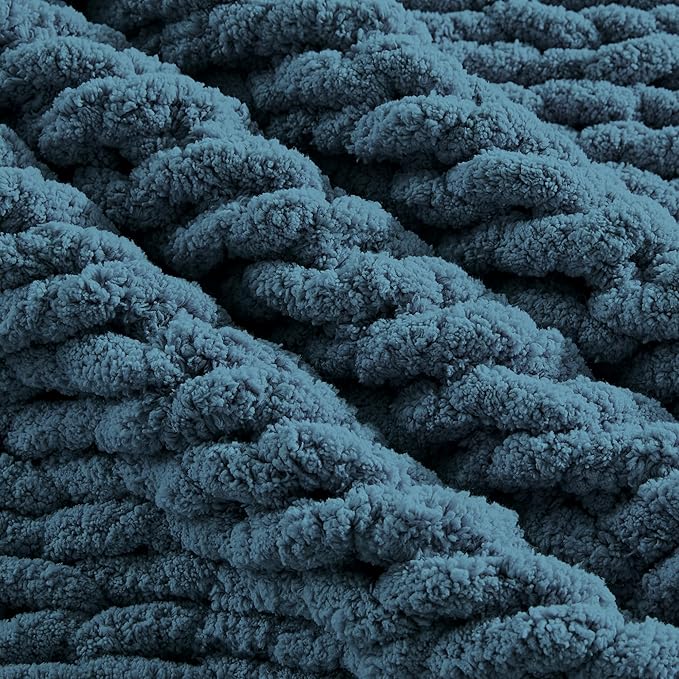 Carriediosa Chunky Knit Throw Blanket 60" X 80" Twin, 100% Hand Made Large Chenille Loop Yarn Soft Fluffy Throws for Couch Sofa Bed, Big Crochet Cozy Heavy Thick Cable Woven Blankets, Lyons Blue-Ruum Studio Home