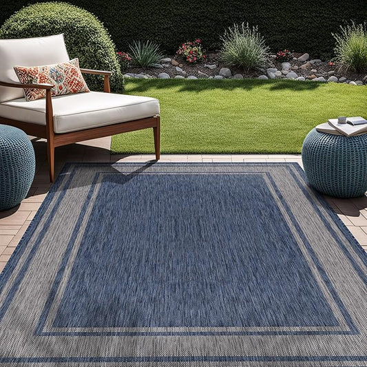 Beverly Rug Large Outdoor Rug 10x14 Modern Bordered Area Rugs for Indoor and Outdoor Patio Deck Porch Garden Waterproof Weather Sun Resistant Washable Outside Carpet (10 x 14 Navy)-Ruum Studio Home