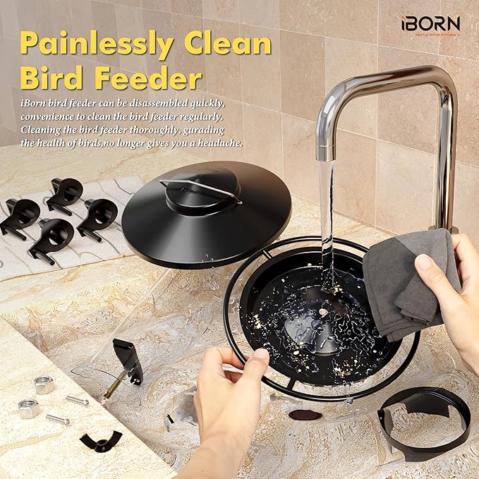 iBorn Metal Bird Feeders for Outdoors, 2LB Bird Seed Feeder 17cm Large Roof &Tray, 4 Feeding Ports, Black Finish-Ruum Studio Home