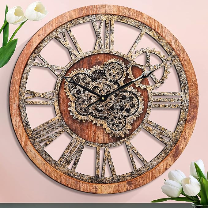 HOIBAI Large Wall Clock 24 Inch Large Clocks for Living Room Decor with Moving Gears Vintage Industrial Steampunk Farmhouse Big Clock for Home Kitchen Bedroom Office-Ruum Studio Home