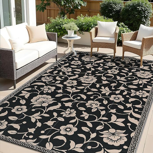OLANLY Waterproof Outdoor Rug 5x8 ft, Outdoor Plastic Straw Rug with Flower Pattern, Reversible RV Mat for Patio, Camping, Balcony, Deck, Backyard, Black & Beige-Ruum Studio Home