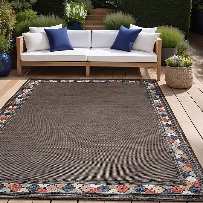 Beverly Rug Outdoor Rug 6x9 Modern Bordered Area Rugs for Indoor and Outdoor Patio Easy to Clean Non Shedding Living Room Porch Garden Washable Outside Carpet (6 x 9 Brown)-Ruum Studio Home