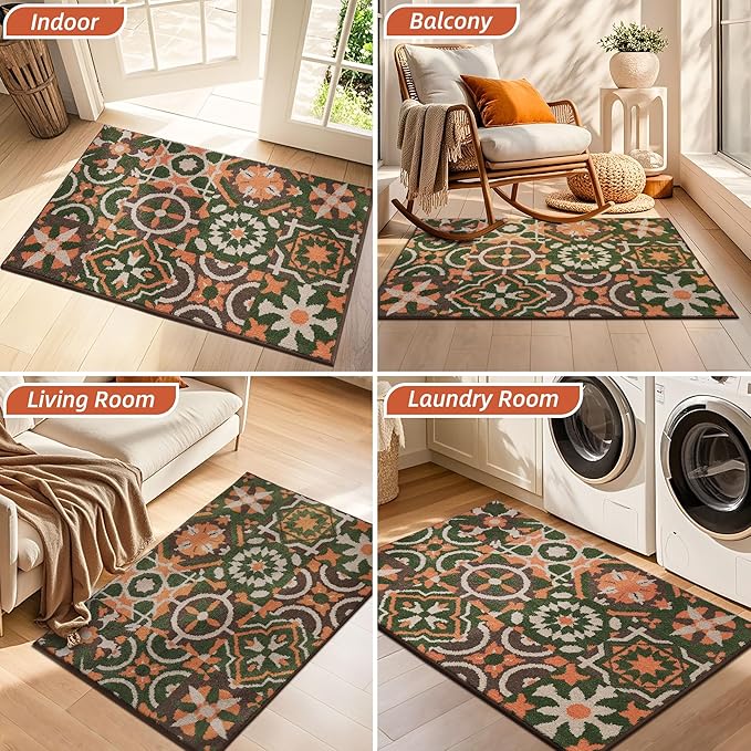 BEQHAUSE Dirt Trapper Door Mat 24" x 36", Non-Slip Entryway Rugs Washable, Floor Mat Stain Resistant and Absorbent Welcome Mat for Front Back Door, Muddy Wet Shoes & Paws, Boho Geometric Floral-Ruum Studio Home