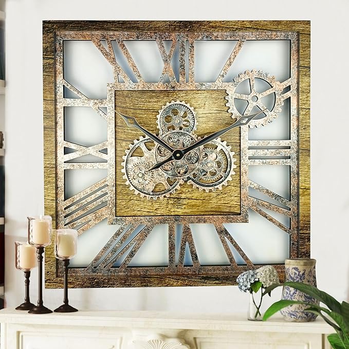 The Gears Clock 24'' Inch Square Real Moving Gear Wall Clock Vintage Industrial Oversized Rustic Farmhouse (Gold Antique)-Ruum Studio Home