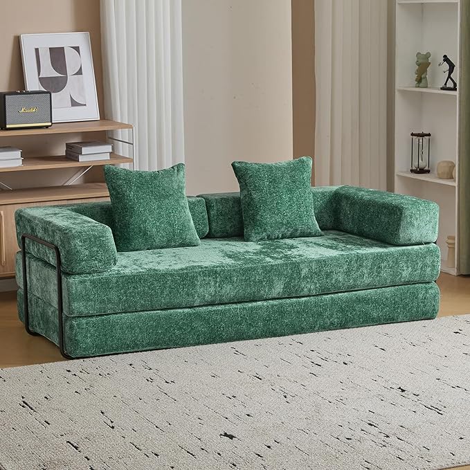 Convertible Sleeper Sofa Bed, Compression Folding Sofa with Pillow, No Assembly Required, Shape Frame, Floor Sofas Lounge Couch for Living Room, Bedroom, Small Spaces(Chenille, 77''W, Dark Green)-Ruum Studio Home