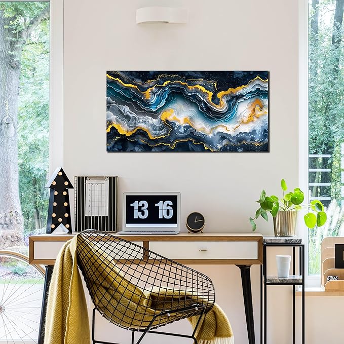 GUGIKA Abstract Wall Art for Living Room, Gold Black and Blue Canvas Wall-Art for Bedroom, Ocean Landscape Print Paintings, Size 40x20 Inches-Ruum Studio Home