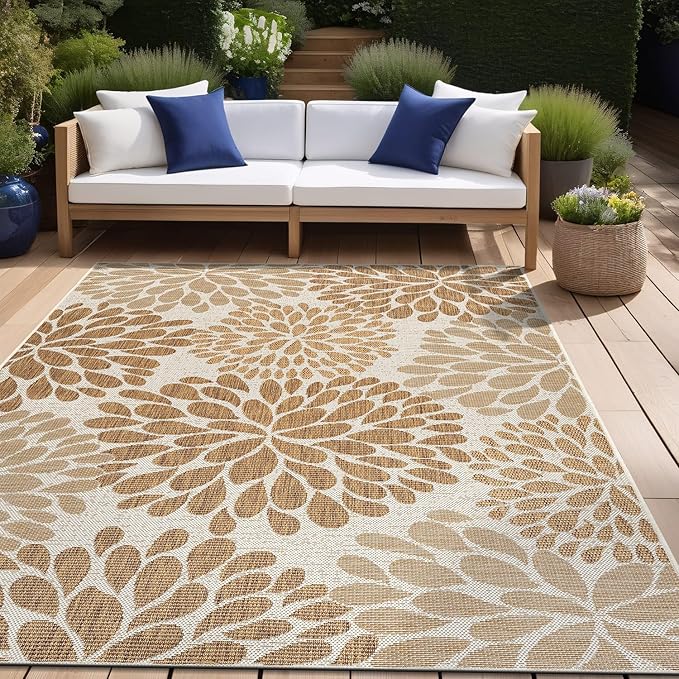 Beverly Rug Outdoor Rug 10x14 Modern Exotic Tropical Leaf Area Rugs for Indoor and Outdoor Patio Deck Porch Garden Water Resistant Washable Outside Carpet (10 x 14 Beige)-Ruum Studio Home
