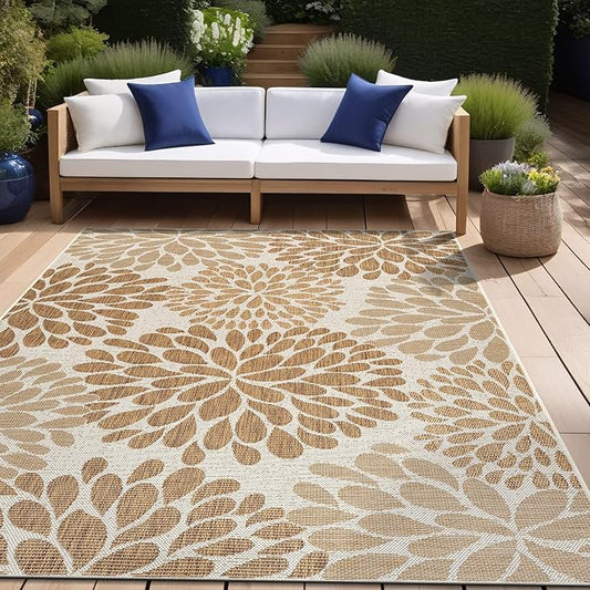 Beverly Rug Outdoor Rug 10x14 Modern Exotic Tropical Leaf Area Rugs for Indoor and Outdoor Patio Deck Porch Garden Water Resistant Washable Outside Carpet (10 x 14 Beige)-Ruum Studio Home