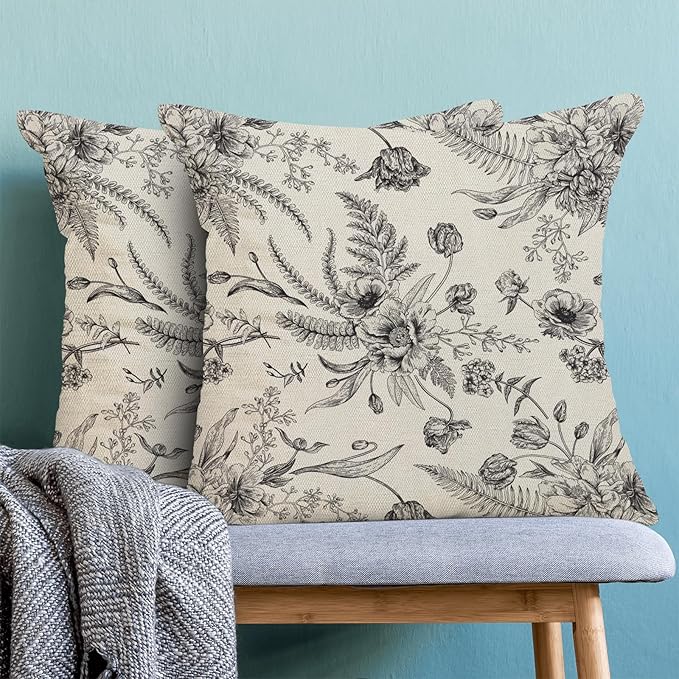 CXMEIFLY Spring Floral Leaves Pillow Covers 24 x 24 Inch Set of 2 for Chinoiserie Flowers Decor Throw Pillows Black and White Seasonal Plant Outdoor Decorative Cushion Cases for Couch Bed Decorations-Ruum Studio Home