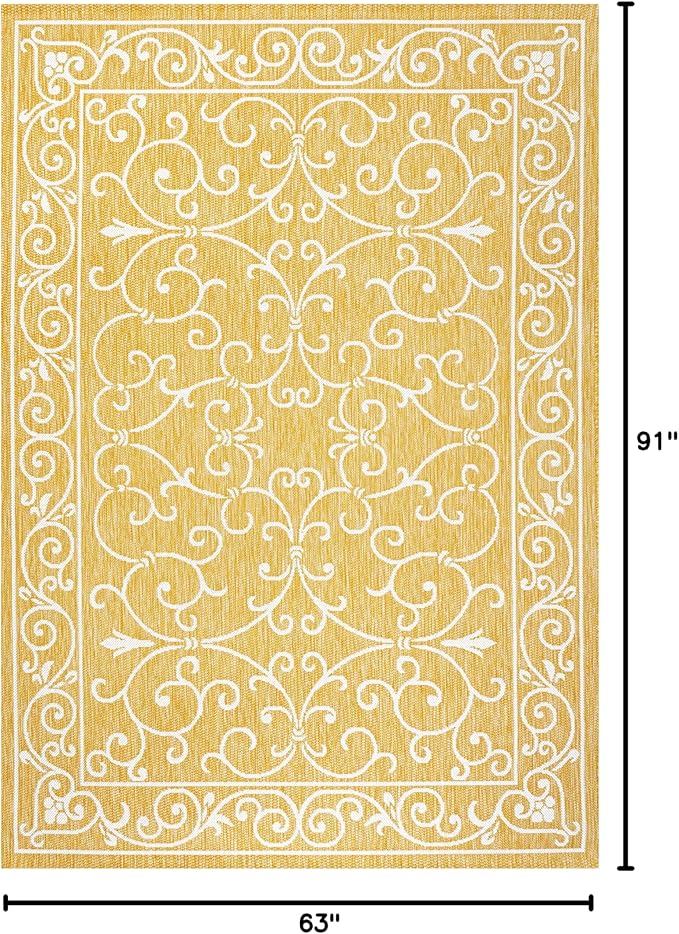 JONATHAN Y Vintage Filigree Indoor Outdoor Area Rug 5X8 Yellow/Cream, Charleston Textured Weave for Backyard, Patio, Porch, Easy-Cleaning, High Traffic, Pet-Friendly, Non-Shedding (SMB106L-5)-Ruum Studio Home