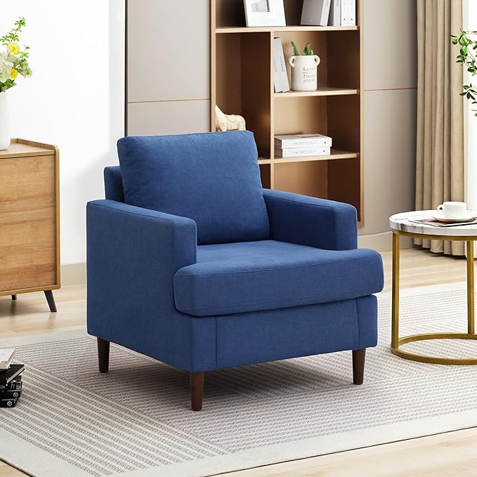 Mid-Century Accent Chair,Modern Linen Fabric Armchair for Living Room,Comfy Upholstered Reading Accent Chairs for Bedroom,Single Sofa Chair with Wood Legs (Blue, 1 Pack)-Ruum Studio Home