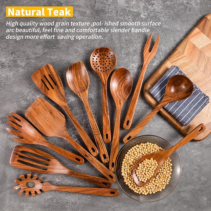 GUDAMAYE 11 PCE Wooden Spoons for Cooking, Wooden Kitchen Utensils Set,Wooden Cooking Utensils,Natural Teak Wooden Spoons For Non-stick Pan-Ruum Studio Home