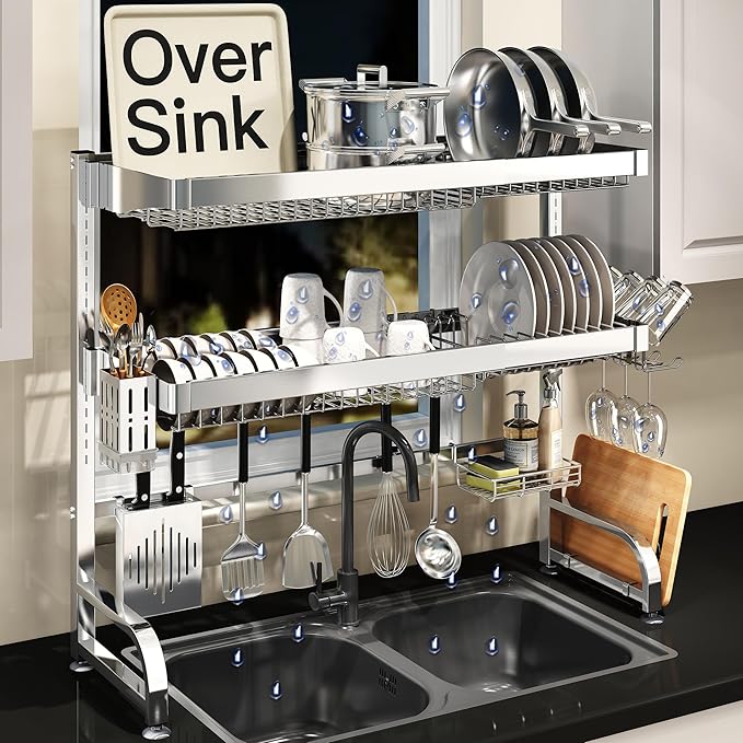 3 Tier Extra Large Stainless Steel Expandable Over The Sink Dish Drainer Drying Rack, Rust Proof Metal, Space Saving, Modern Silver Big Capacity Extendable Plate Strainers Above Kitchen Counter-Ruum Studio Home