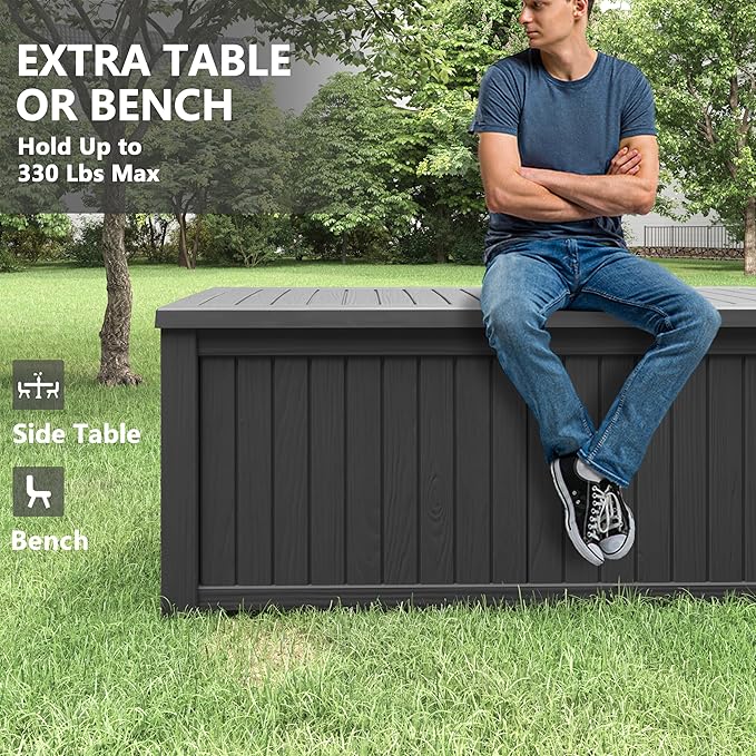 150 Gallon Resin Deck Box, Large Indoor and Outdoor Storage Box, Weatherproof and UV Resistant Outdoor Storage Box with Built-in Steel Beams for Patio, Cushions, Pool Supplies-Ruum Studio Home