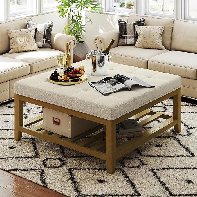 Large Square Ottoman Coffee Table, Linen Solid Upholstered Footrest Ottoman with Solid Wood Shelf Storage Tufted Coffee Table for Bedroom Living Room, Ivory-Ruum Studio Home