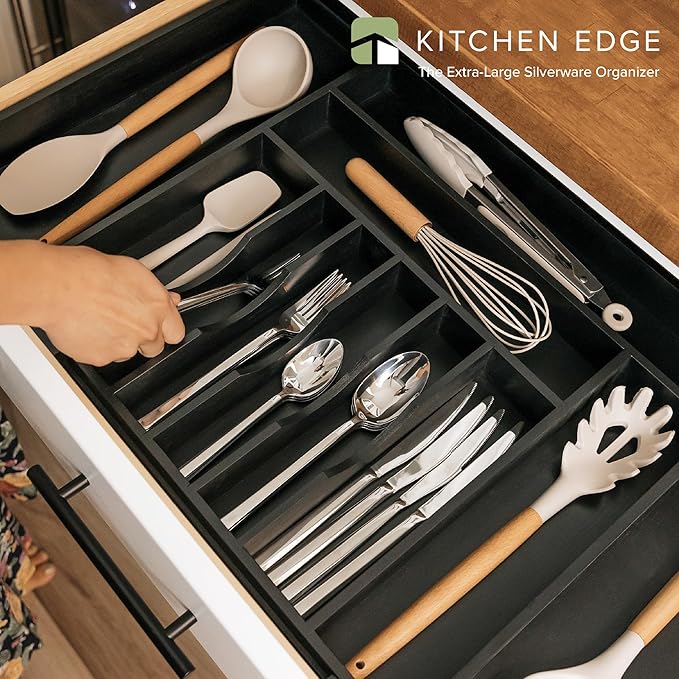 Premium Silverware, Flatware and Utensil Organizer for Kitchen Drawers, Food-Safe Contract Grade, Expandable from 18 to 33 In, Black Bamboo-Ruum Studio Home