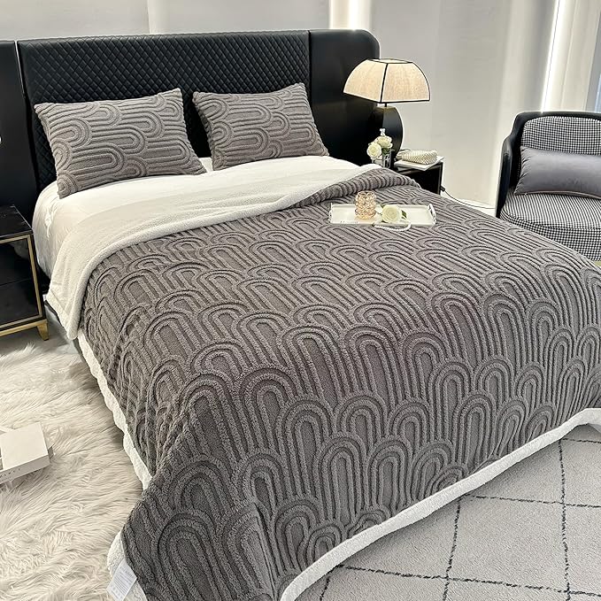 UKELER Fleece Bed Blanket 80 × 90 inch, Ultra Soft Queen Size Throw Blanket for All Season, Cozy Plush Arch Sherpa Blankets for Bedroom Living Room Dorm Hostel Sofa Camping, Dark Grey-Ruum Studio Home