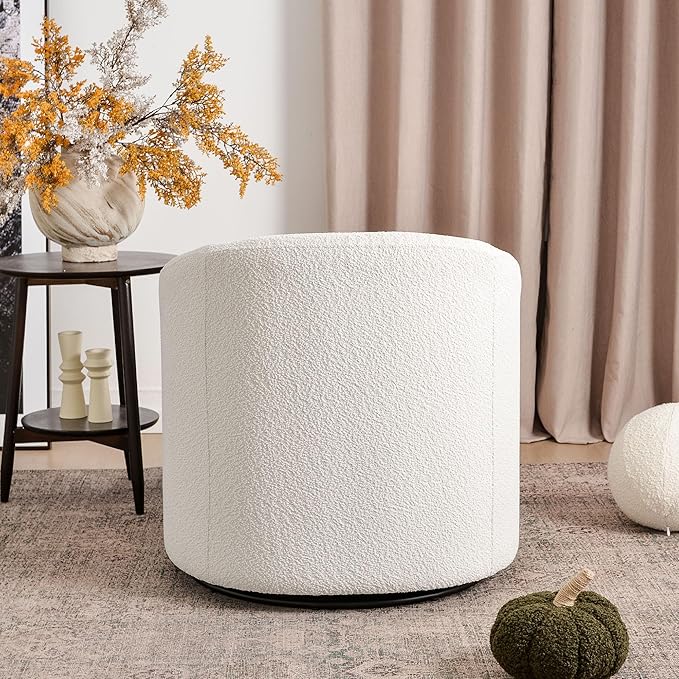 KINWELL 32" Wide Modern Boucle Swivel Barrel Chair, No Assembly Round Upholstered Swivel Accent Armchair for Living Room, Bedroom, Office (White)-Ruum Studio Home