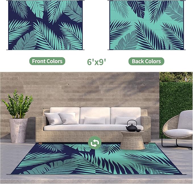 GENIMO Outdoor Rug 6' x 9' Waterproof for Patios Clearance, Reversible Outdoor Plastic Straw Camping Rug Carpet, Large Area Rugs Mats for RV, Camper, Deck, Balcony, Porch, Beach, Navy Blue&Jade Green-Ruum Studio Home