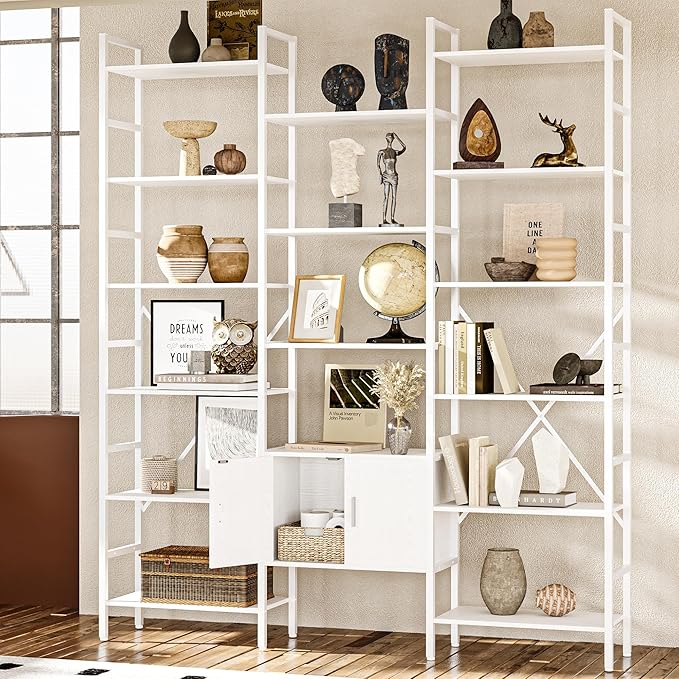 70x78 “ Triple 6 Tier Book Shelf, Industrial Large Bookcase with Storage Cabinet, Tall Bookshelf with 16 Open Display Shelves Metal Frame Furniture for Living Room Bedroom Home Office White-Ruum Studio Home