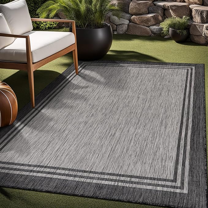 Bordered Outdoor Rug 9x12 Washable Outside Carpet for Indoor Patio Porch Waterproof Easy Cleaning Non Shedding Area Rugs Dark Gray 9 x 12-Ruum Studio Home