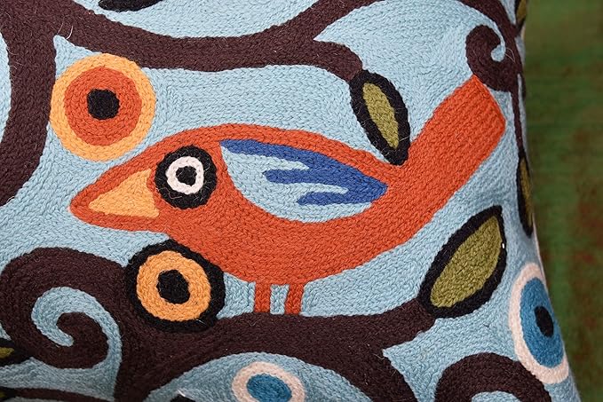 Lumbar Klimt Pillow Cover | Green Birds | Tree of Life | Modern Floral | Outdoor Pillows | Mid Century Chair Cushion | Handmade Wool Size 14x20-Ruum Studio Home