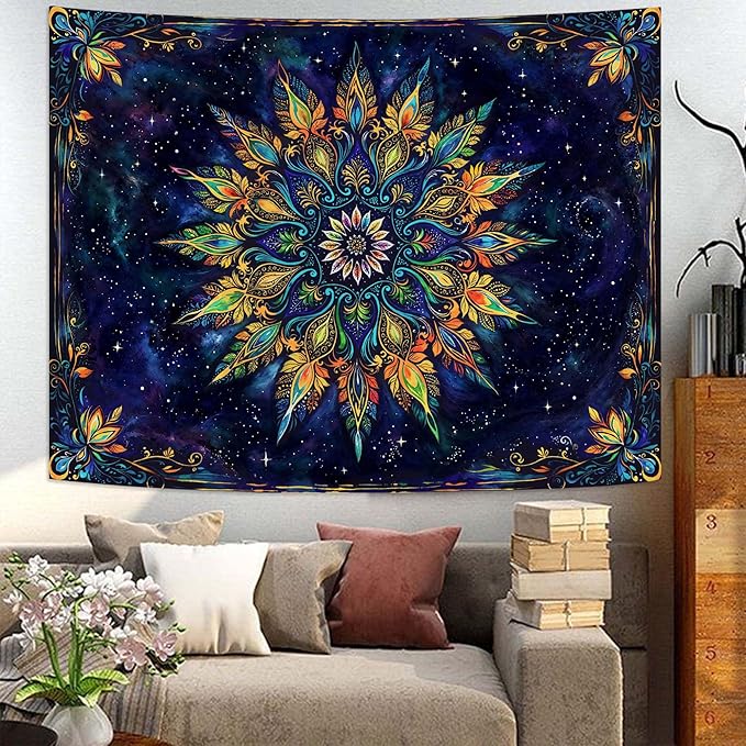 Fowocu Boho Floral Mandala Tapestry for Bedroom Aesthetic Blue Bohemian Colorful Flower Wall Tapestry Purple Hippie Indian Small Tapestries Wall Hanging for Living Room Dorm Decor 60 x 44 Inch-Ruum Studio Home