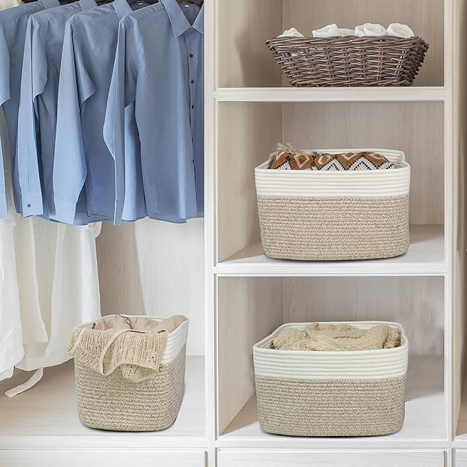 Cotton Rope storage Basket Bins Woven Basket for Organizing Shelves Rectangle Decorative Baskets For storage Clothes Toys Books Towels Square Wicker Nursery basket organizer 3 pack white and brown-Ruum Studio Home