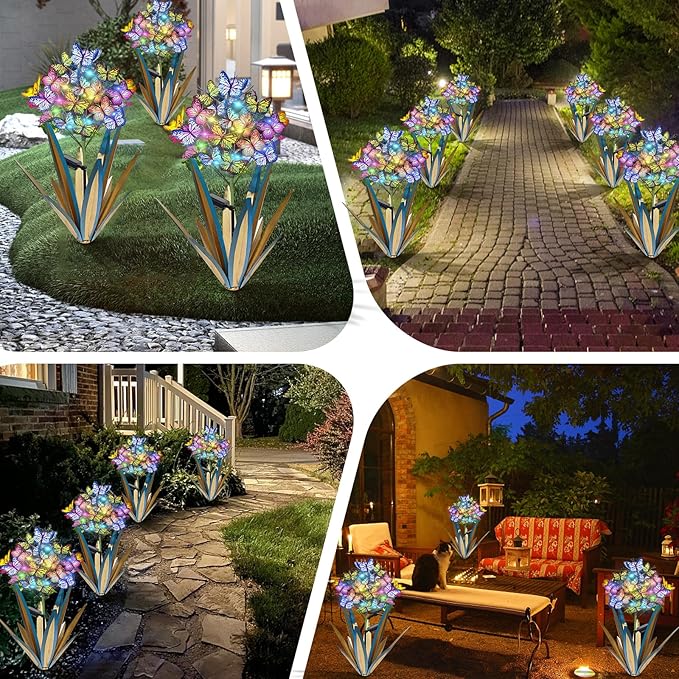 Homight Solar Metal Agave Butterfly Flower Stick Garden Sculpture - Outdoor Christmas Lights With Swaying Butterfly Sunflower - Solar Outdoor Gift (3 PCS Blue)-Ruum Studio Home