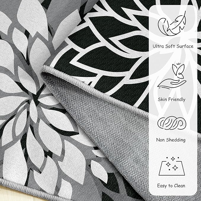 Area Rug 2x3 Black White Washable Entry Small Rug Multicolored Tropical Botanical Modern Floral Indoor Kitchen Door Mat Entrance Carpet Non Slip for Bedroom Living Room, Porch-Ruum Studio Home