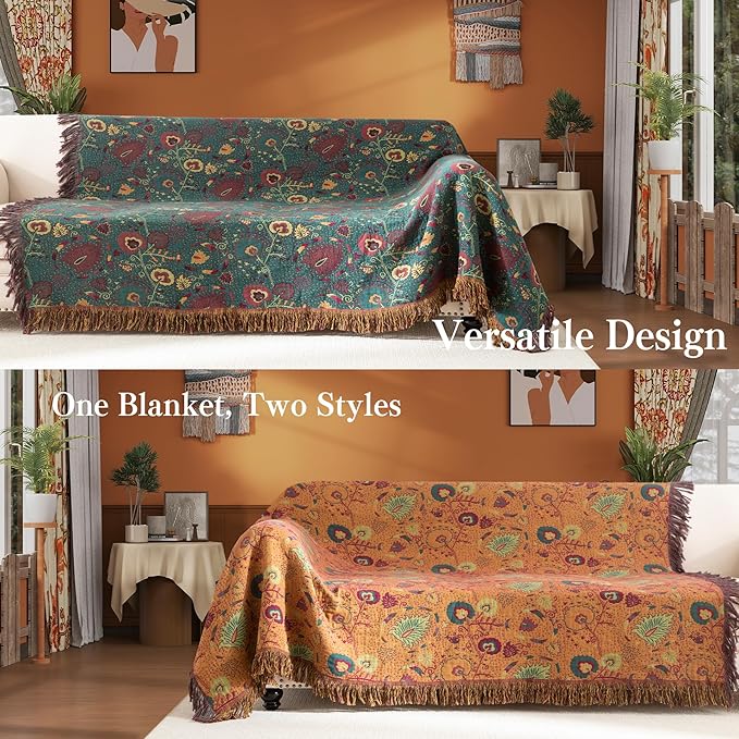 Boho Throw Blanket Full Size, Extra Large Soft Cozy Cotton Muslin Quilt Blanket for Bed Decor, Floral Patterned Couch Sofa Chair Cover, Vintage Farmhouse Cottage Woven Blanket, Green&Orange-Ruum Studio Home