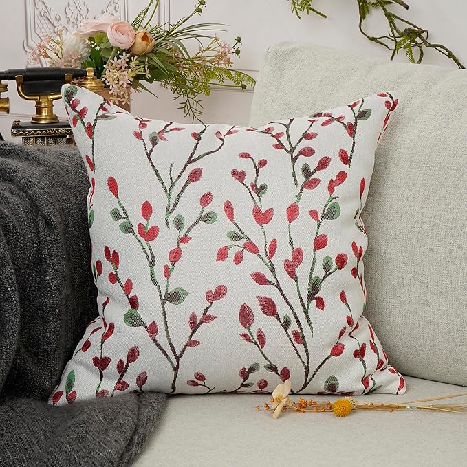 YOUR SMILE Christmas Red Classical Embroidery Jacquard Teal Leaf Pattern Square Decorative Throw Pillow Case Cushion Cover 18 x 18 inch-Ruum Studio Home