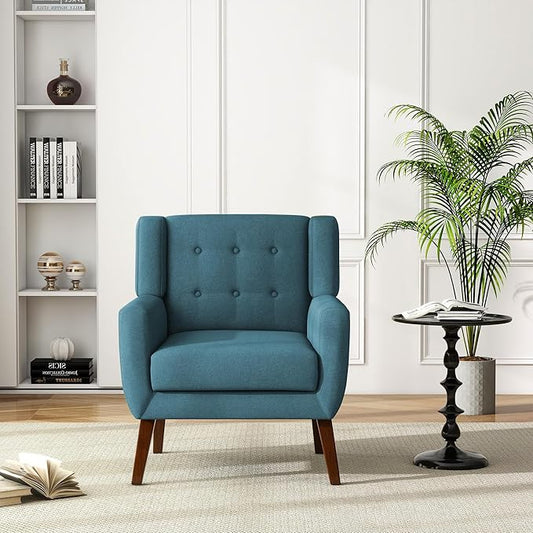 UIXE Accent Chair Modern Arm Chair, Mid Century Upholstered Club Armchair, Comfy Single Lounge Sofa Living Room Button Tufted Armrest Reading Seat Bedroom Side Seating, Turquoise Blue-Ruum Studio Home