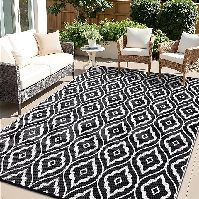 OLANLY Outdoor Rug 5x8 ft Waterproof, Outdoor Plastic Straw Rug with Geometric Pattern Clearance, Reversible RV Mat for Patio, Camping, Balcony, Deck, Backyard, Black & White-Ruum Studio Home