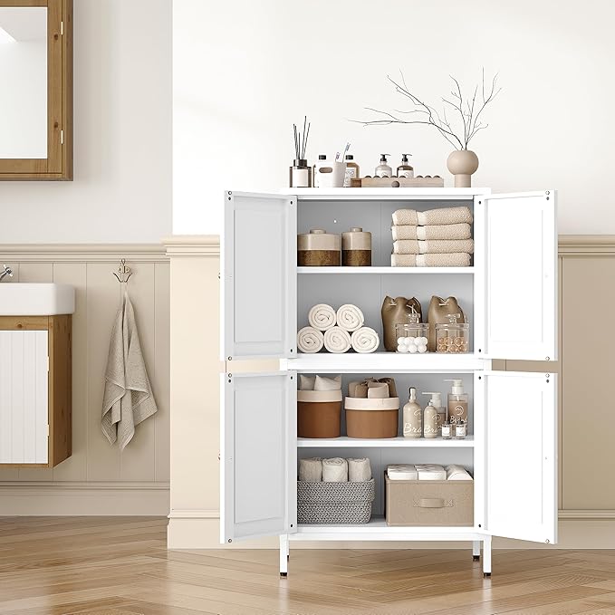 White Storage Cabinet with 4 Doors and 2 Adjustable Shelves,Narrow Food Pantry Cabinet with Leg,24 inch Wide Bathroom Cabinets,Small Metal Storage Cabinets for Home Kitchen,Dining/Living/Laundry/Room-Ruum Studio Home