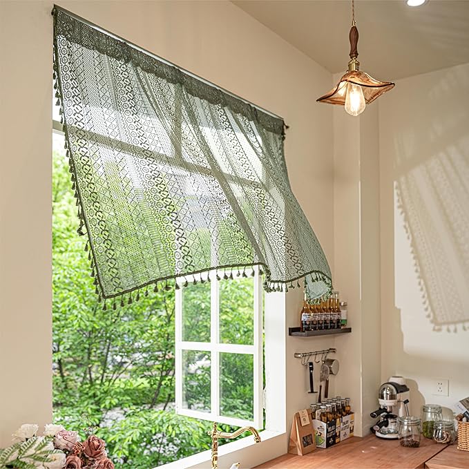 Sutuo Home Boho Valance Curtains for Kitchen Cafe,Crochet Lace Sheer Bohemian Hollow Knitted with Tassels, Privacy Vintage Rustic Farmhouse Drapes, Rod Pocket 1 Panel 59" W x 18" L, Olive Green-Ruum Studio Home