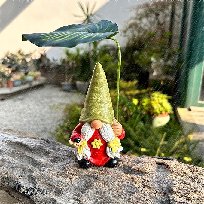 Garden Female Gnome Statue Decoration with Leaf Umbrella, 6.5” Figurine Ornament for Indoor Outdoor Home Patio Yard Lawn, for Gnome Lovers & Garden Enthusiasts，Mom，Women-Ruum Studio Home