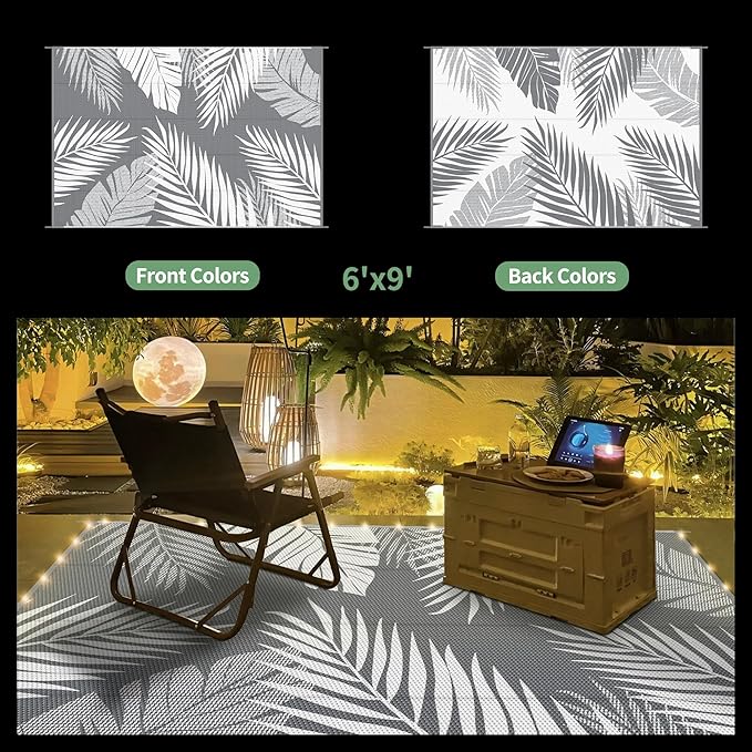 GENIMO Outdoor Rug 6' x 9' Waterproof for Patios Clearance, Reversible Outdoor Plastic Straw Camping Rug Carpet with LED String Light, Area Rugs Mats for RV, Camper, Deck, Balcony, Porch, Grey&White-Ruum Studio Home