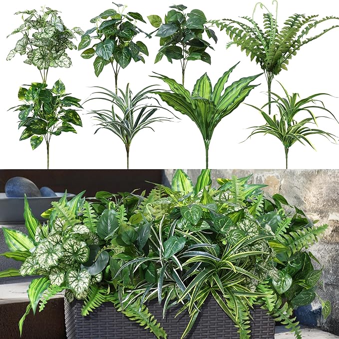 Artificial Greenery Plants Fake Plastic Leaves with Stems UV Resistant Large Bunches Outside Faux Plants Bushes for Outdoor Patio Garden Front Porch Yard Decor (Green)-Ruum Studio Home