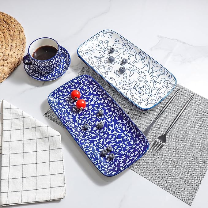 Selamica Ceramic Serving Platters, 12 Inch Serving Trays for Party Entertaining, Large Rectangular Serving Plates for Food, Set of 6, Vintage Blue-Ruum Studio Home