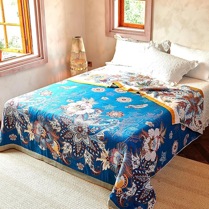 Boho Throw Blanket, 100% Organic Cotton Breathable Ultra Soft Bed Quilt Throw - All Season Floral Bird Butterfly Farmhouse Decor Blanket for Sofa Couch Chair and Gift. 60" x 80"-Ruum Studio Home