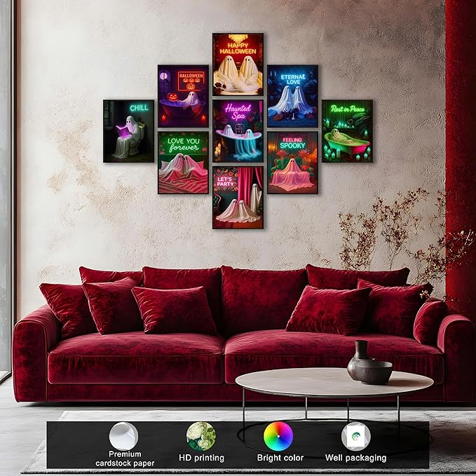 LANCHI95 Halloween Ghosts Wall Art Halloween Wall Art Gothic Romantic Couple Cute Ghost Wall Decor Pictures Horror Wall Decor for Living Room Bedroom, Set 9pcs - 8x10 in (UNFRAMED)-Ruum Studio Home